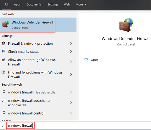 Disable the antivirus - Windows Firewall