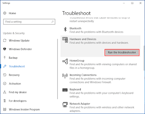 Hardware and devices troubleshooter