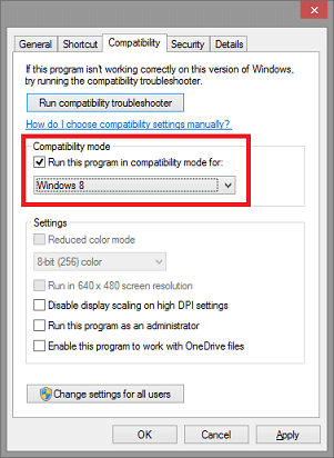 Run this program in compatibility mode for and select Windows 8 or 7