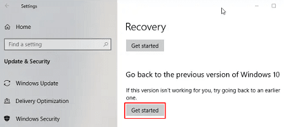 Recovery panel get started in windows 10
