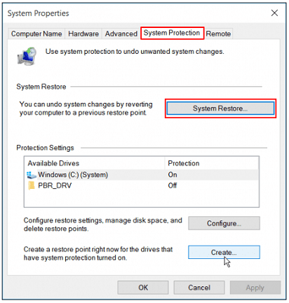Open system properties and click on system protection