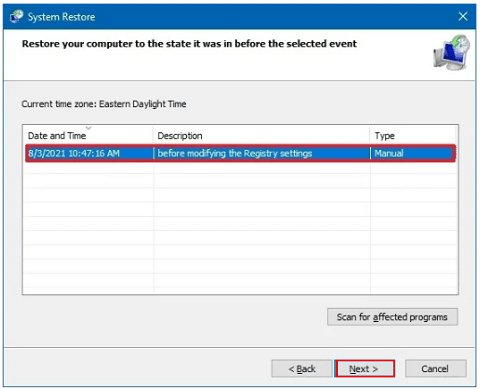 Select your restore point and click on Next