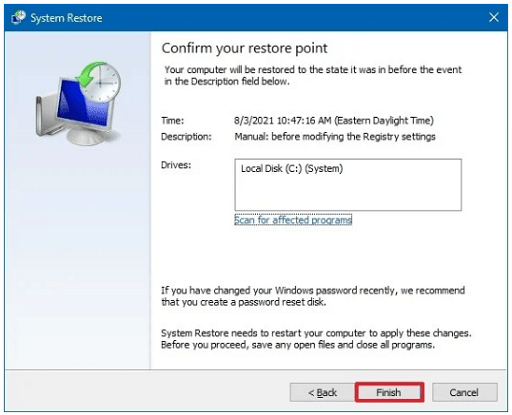 finish the system restore