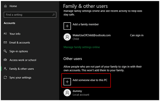 Add someone else to this PC
