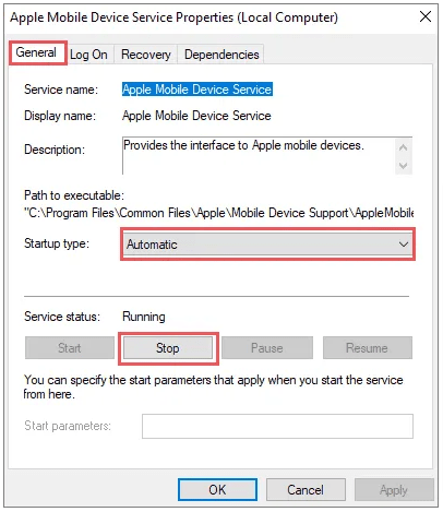 Apple Mobile Device Service Properties- stop the service type