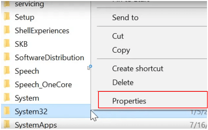 Open properties of system 32 folder