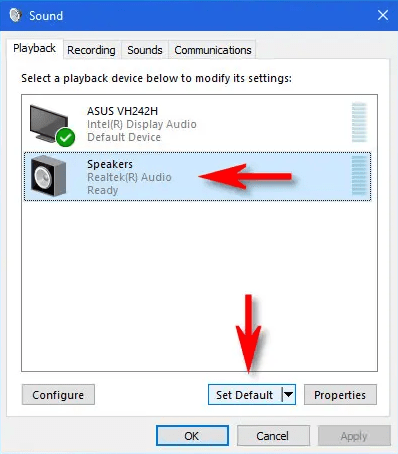 Click on Speaker and then set as default