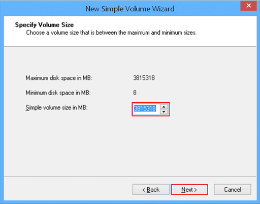 New Simple Volume Wizard opens, set the volume size