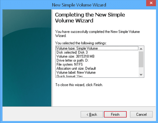 New Simple Volume Wizard opens finish the setup