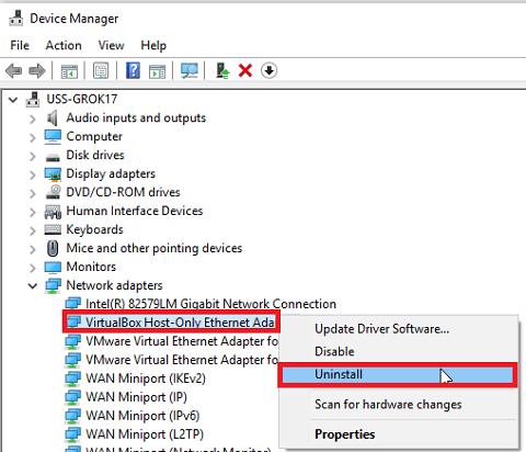 uninstall network adapter