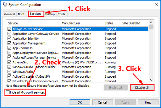 Open system config and Hide all Microsoft services