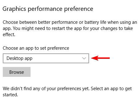 Graphics preference menu- choose desktop app