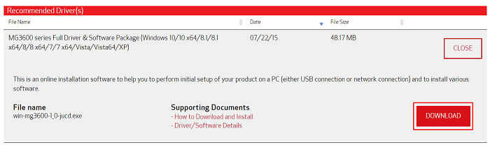 Click on Download button to download the Canon MG3620 driver