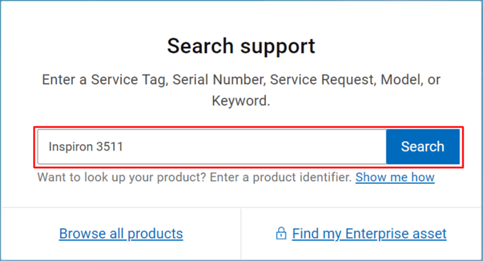 Search for Inspiron 15 3511 in dell official website