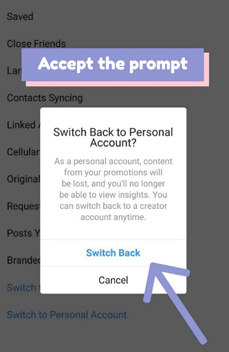 accept the prompt (switch back to personal account)