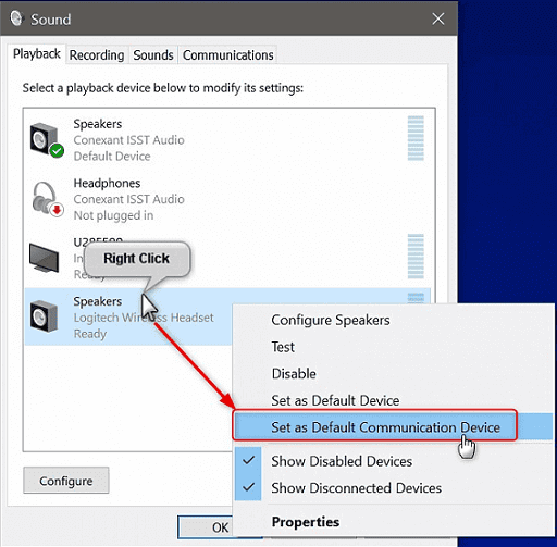 Set speaker as Default Communication Device