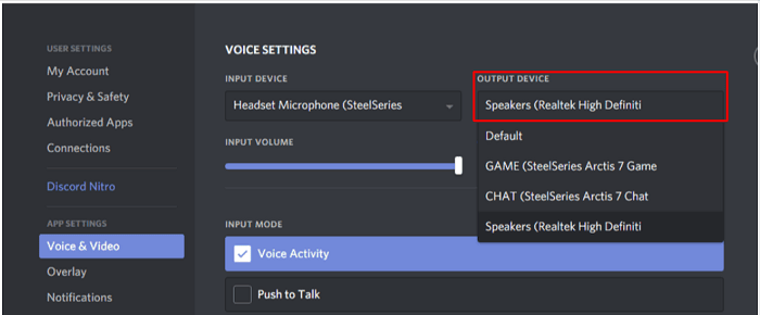 Change the output device from Default to your device