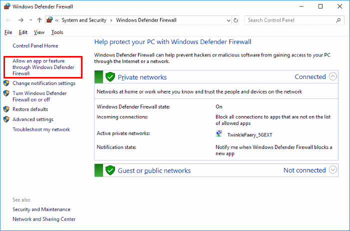 Allow an app or feature through Windows Defender Firewall