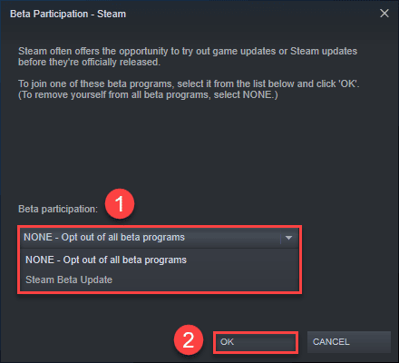 change option from the Beta participation section