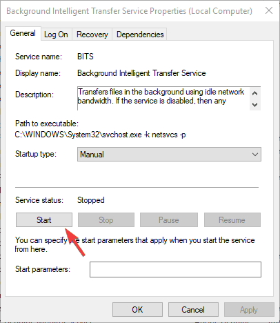 Service Status is Stopped, click on Start to run it