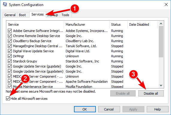 Services tab, Hide all Microsoft services, and then Disable All the services.