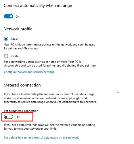 Toggle on the setting to Set as metered connection