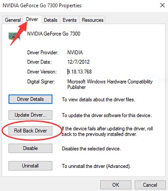 NVIDIA Geforce properties, roll back drivers